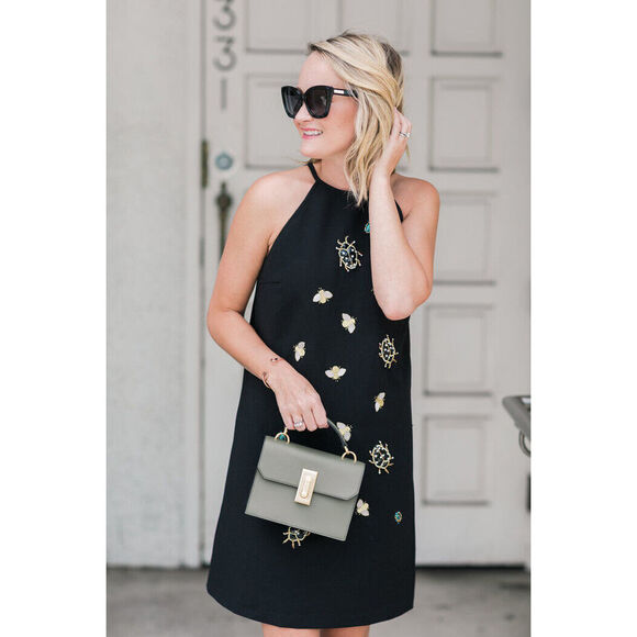 Vicktoria Beckham Dresses & Skirts - NWT Victoria Beckham M halter DRESS Black embellished gold bug bees appliques